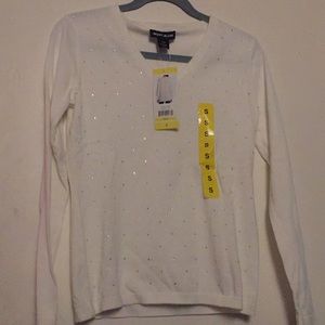 DKNY white sweater shirt with silver sparkles.